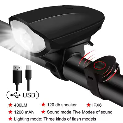 Rechargeable Bicycle Front Light with Loud Horn – 5 LED USB Bike Headlight, Waterproof Cycling Light & Flashlight