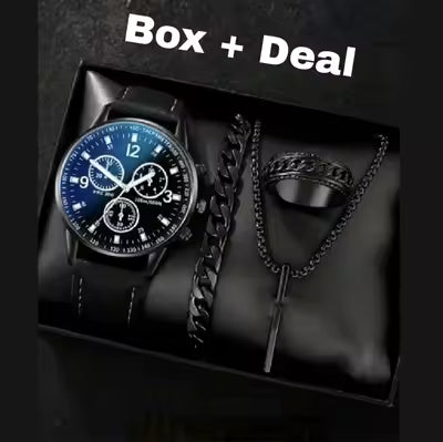 **Latest Black Luxury Watch Set for Men & Boys – Stainless Steel Watch with Bracelet, Cuban Chain, 3D Bar Locket, Necklace & Ring**