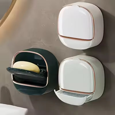 Luxury Soap Holder with Drain Tray – Waterproof Wall-Mounted Soap Dish | Soap Box with Flip Lid & Drainage System for Bathroom