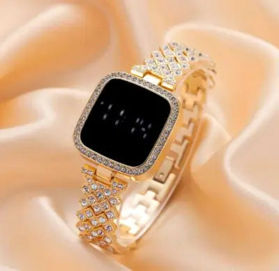 Full Diamond Touch Screen LED Watch for Women – Stylish Steel Chain Ladies Wristwatch