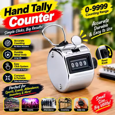 # Hand Tally Counter Tasbeeh – 4-Digit Steel Mechanical Clicker | Zikr Tasbih Counter & Manual Finger Counter – Silver