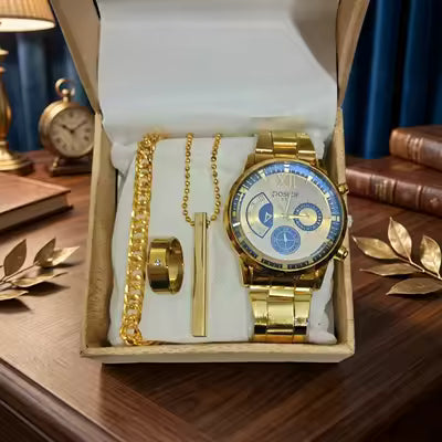 **Pack of 4 Luxury Watch Set for Men & Boys – Stainless Steel Quartz Watch with Bracelet, Ring & Locket | Fashion & Stylish Gift Set**