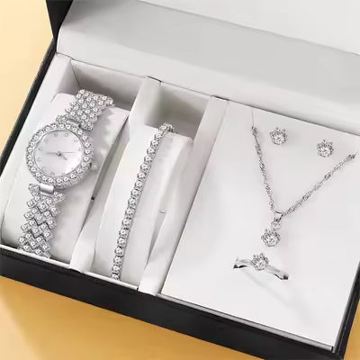 **Fashion Roman Embossed Diamond Women’s Watch & Jewelry Gift Set – Luxury Ladies Wristwatch with Accessories Box**