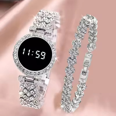 Diamond Touch Screen LED Watch for Women & Girls – Stylish Stainless Steel Chain Bracelet Digital Wristwatch, Fashion Jewellery Watch with Stone Design, Round & Square Dial, Elegant Gift for Ladies