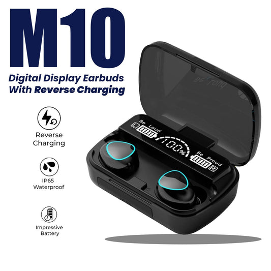 M10 & M04 TWS Wireless Bluetooth Earbuds – V5.0 Stereo Sound, Touch Control, Built-In Mic, 10m Wireless Range & Charging Case – Black